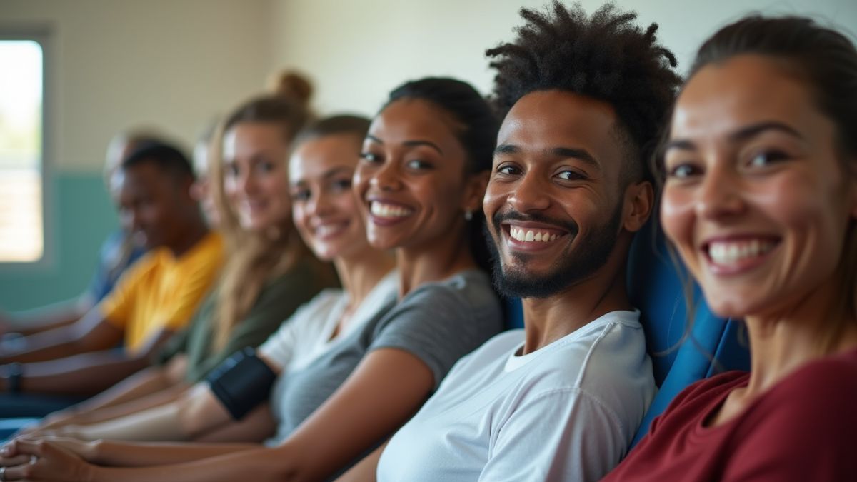 Een groep diverse mensen die samen bloed doneert in een donatiecentrum