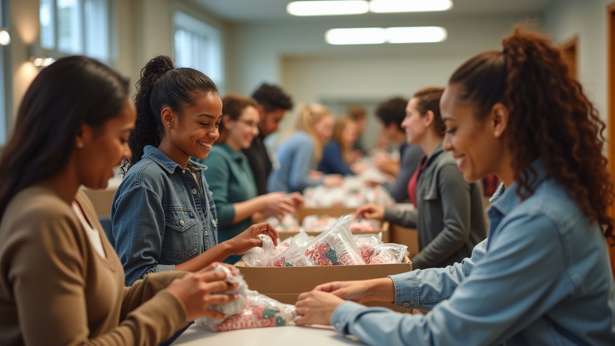 Een groep diverse vrijwilligers die samenwerkt in een gemeenschapcentrum.