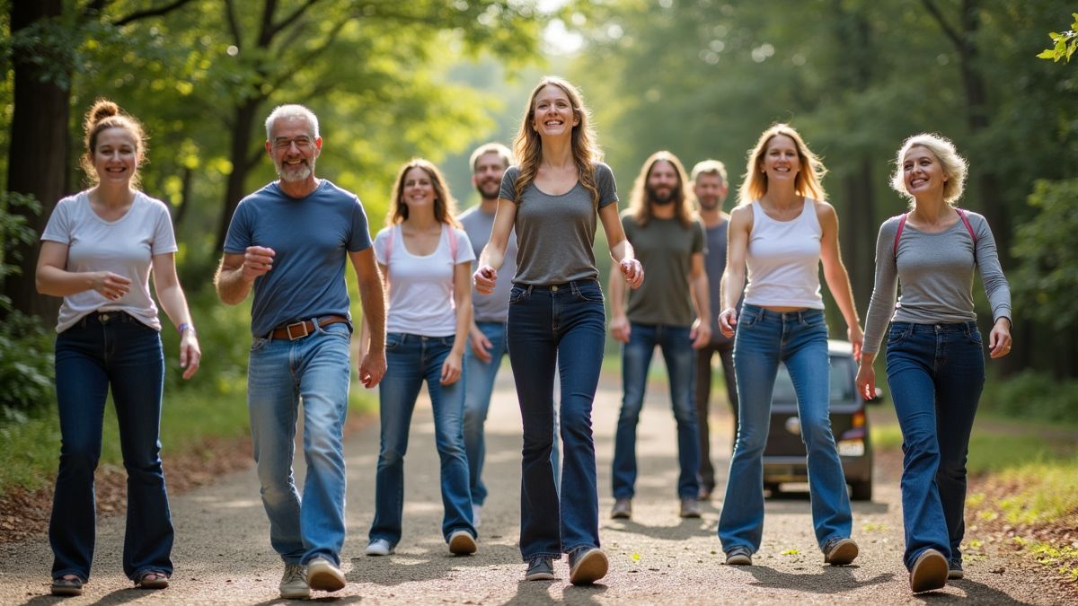 Een groep enthousiaste mensen leert lopen op stelten in een workshop.