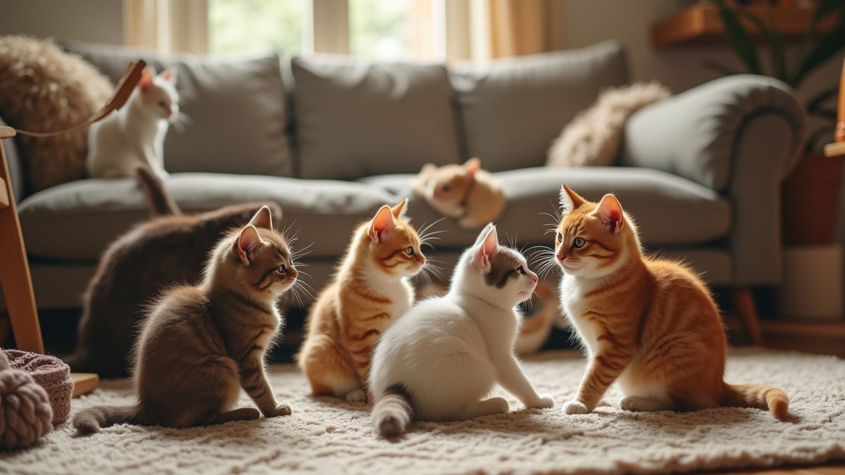 Een groep katten die samen speelt in een gezellige woonkamer vol kattenspeelgoed.