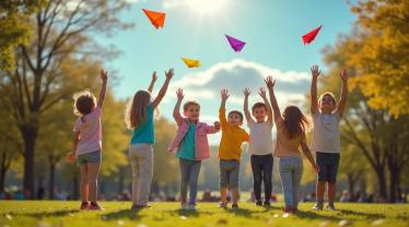 Een groep kinderen die kleurrijke papieren vliegtuigjes vliegt in een park