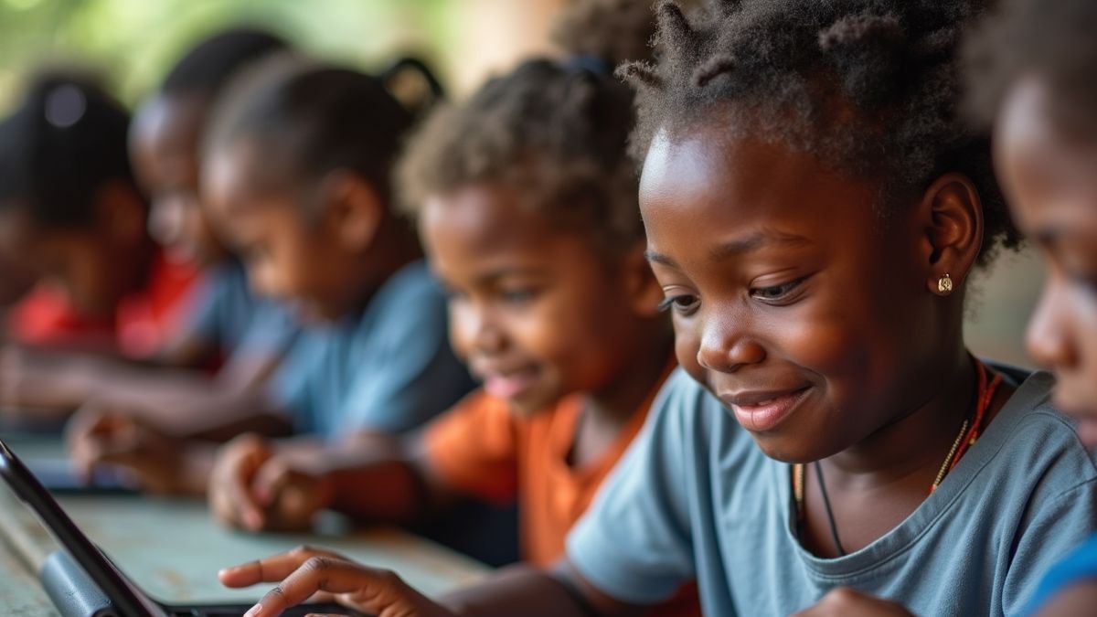 Een groep kinderen die op tablets leren over hun rechten.