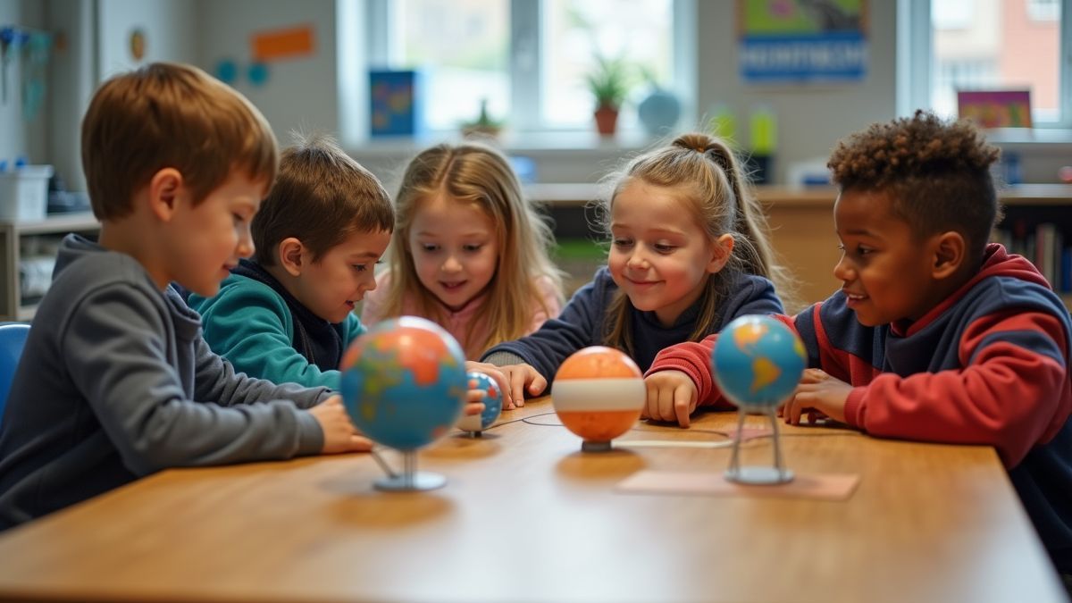 Een groep kinderen in een klaslokaal die naar ruimtemodellen kijkt.
