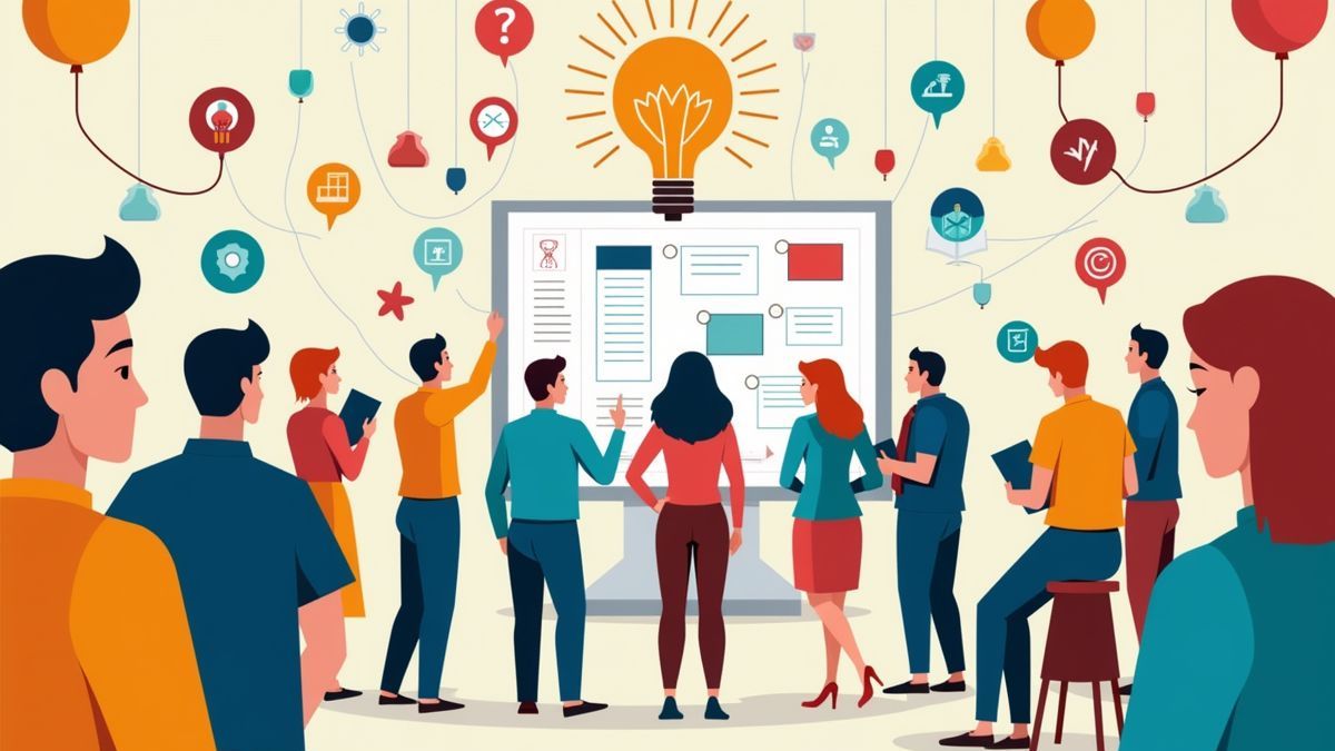 Een groep mensen die brainstormen te midden van levendige, creatieve elementen.