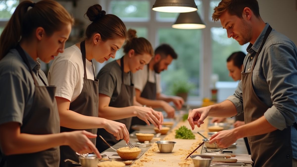 Een groep mensen die deelnemen aan een kookles gericht op precieze metingen