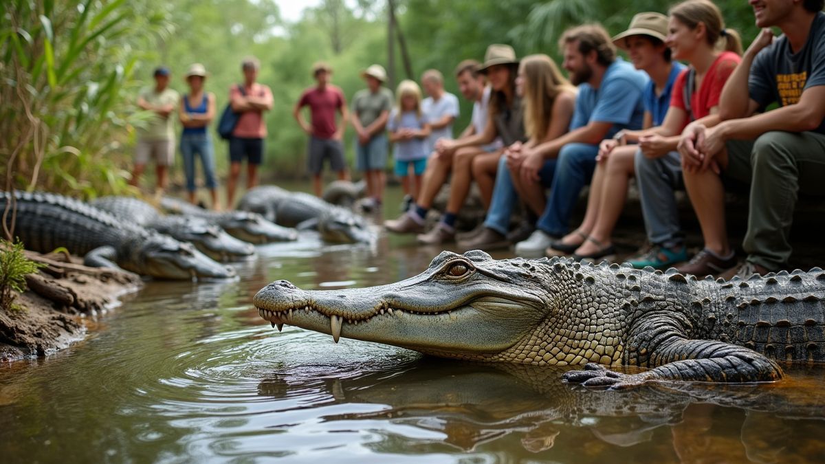 Een groep mensen die een alligatorreservaat bezoekt.