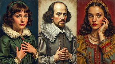 Mensen gekleed in Shakespeareaanse kostuums vieren Praat als Shakespeare Dag.