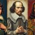 Een groep mensen die een Shakespeare-toneelstuk opvoert in een theater.