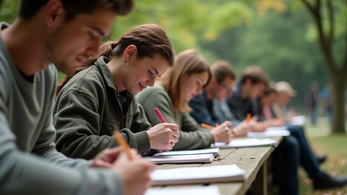 Een groep mensen die Haiku's schrijft in een park.