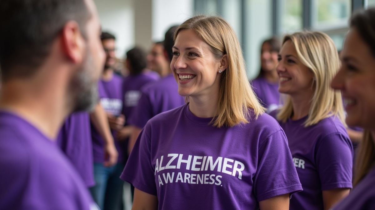 Een groep mensen die paars draagt ter ondersteuning van Wereld Alzheimer Dag.