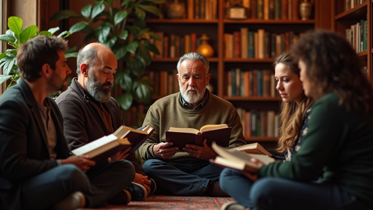 Een groep mensen die Rumi's poëzie leest in een gezellige bibliotheek