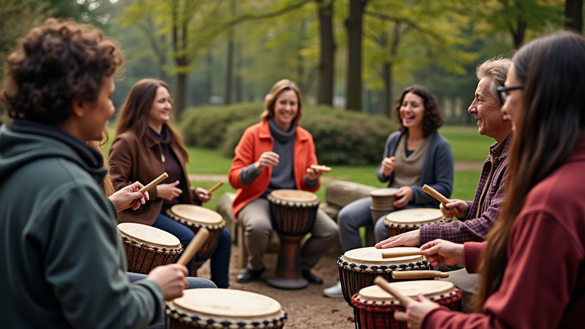 Een groep mensen die samen buiten drummen