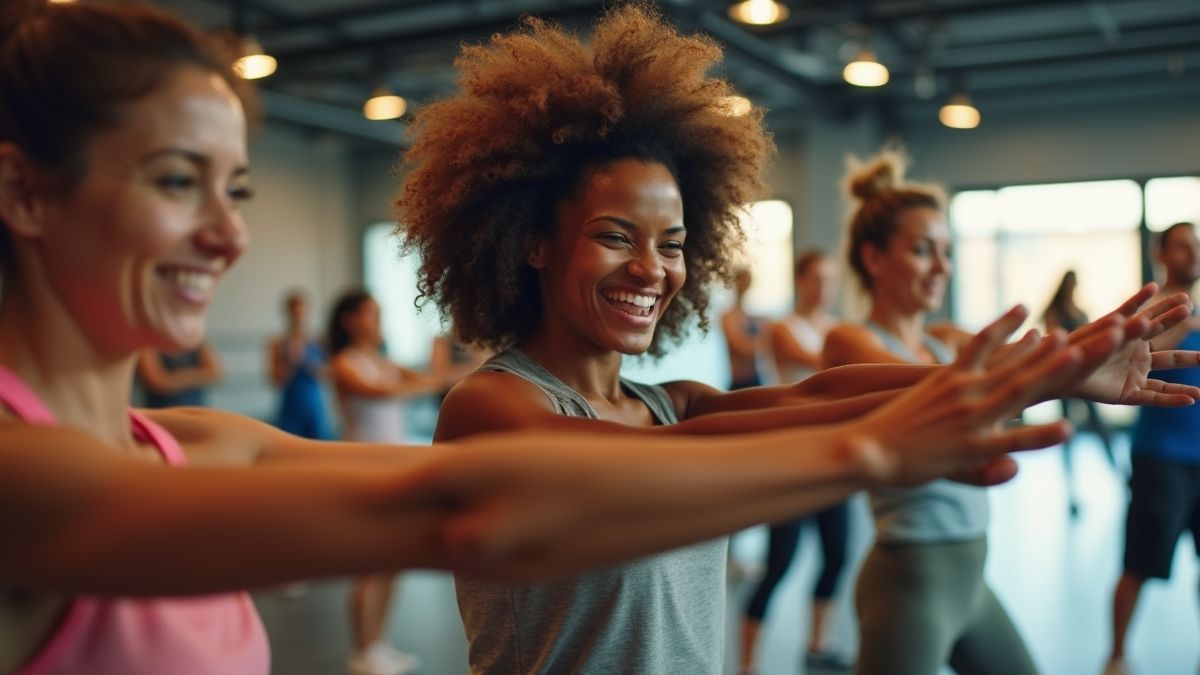 Een groep mensen die samen een fitnessles volgt