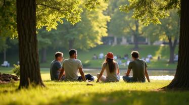 Een groep mensen geniet van een rustig moment in een park