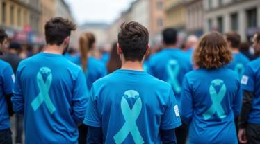 Een groep mensen in het blauw voor bewustwording van pneumonie