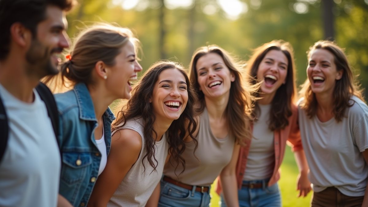 Een groep mensen speelt samen buiten en lacht