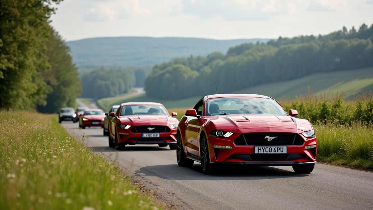 Een groep Mustang auto's geparkeerd langs een schilderachtige Belgische weg