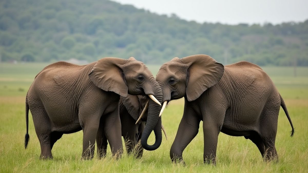 Een groep olifanten die sociaal met elkaar omgaan in een weelderige savanne.