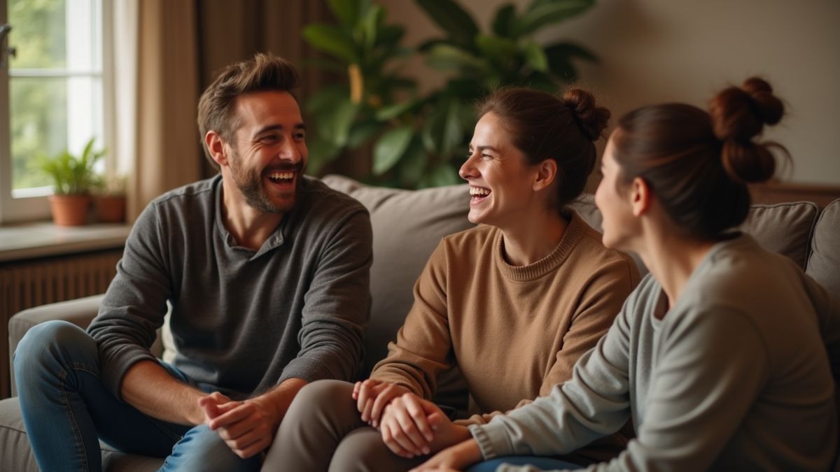 Een groep vrienden deelt grappen in een gezellige woonkamer.