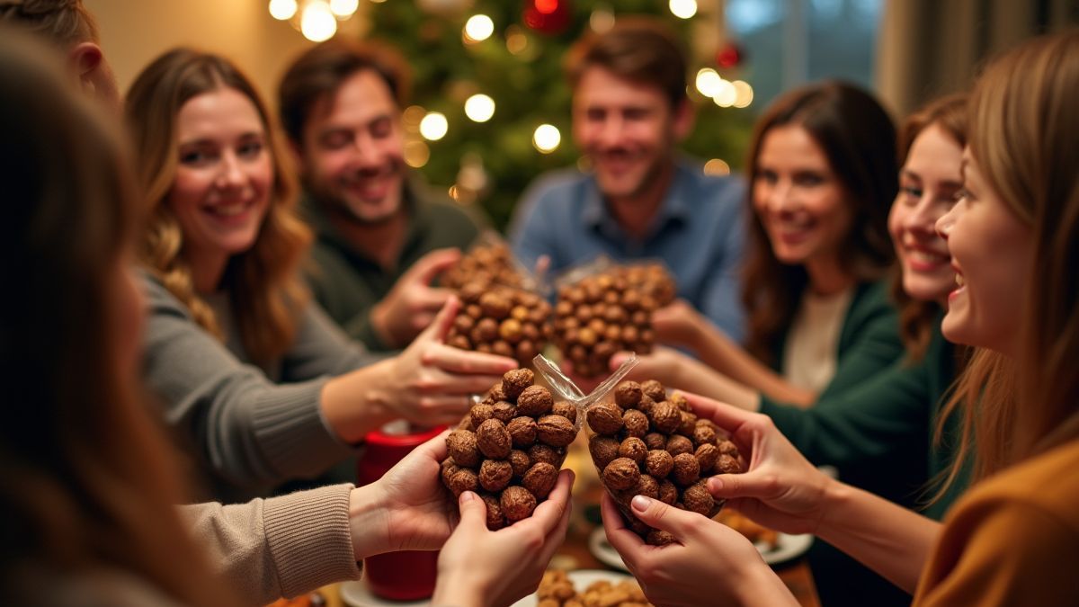 Een groep vrienden deelt met plezier zakjes met chocolade bedekte noten tijdens een feestelijke bijeenkomst.