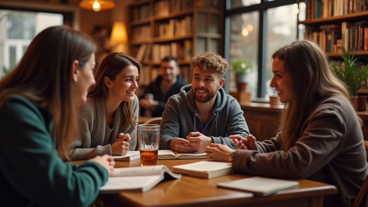 Een groep vrienden die boeken bespreekt in een gezellige café.