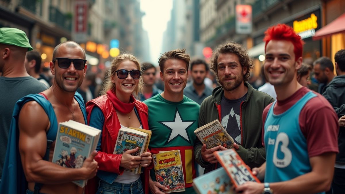 Een groep vrienden die Geek Pride Dag viert met kostuums en stripboeken