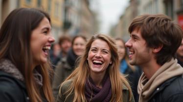 Een groep vrienden die lachen op 1 april