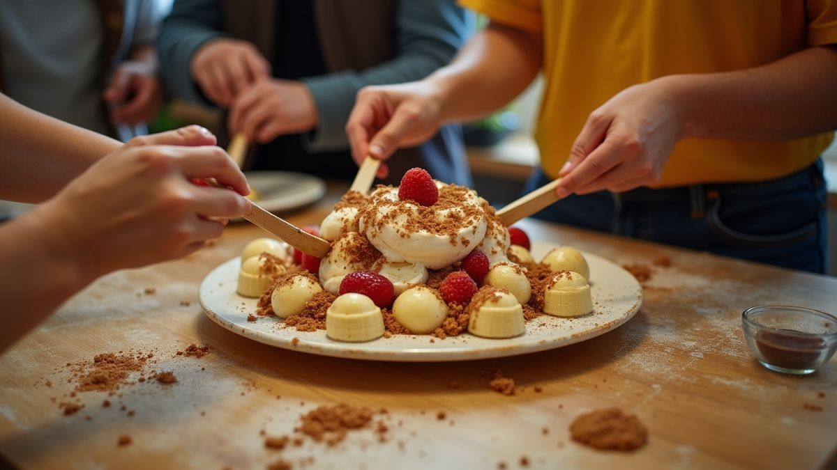 Een groep vrienden die samen bananensplits maakt