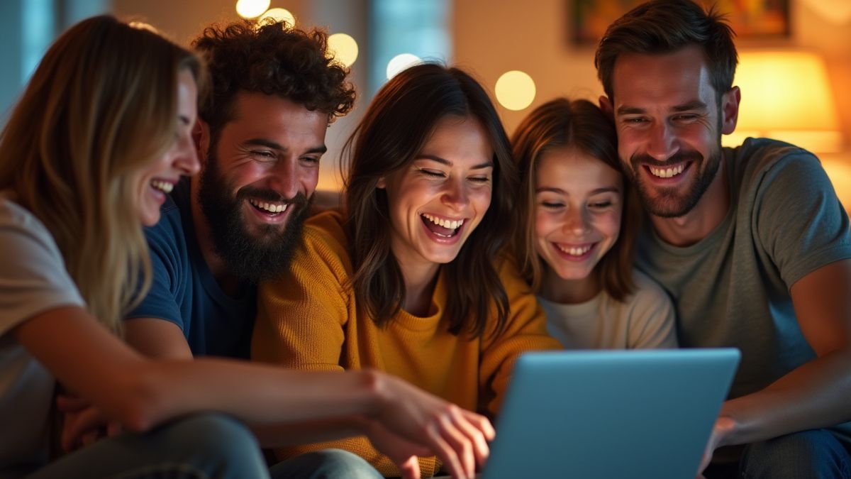 Een groep vrienden die samen lachen om virale video's.
