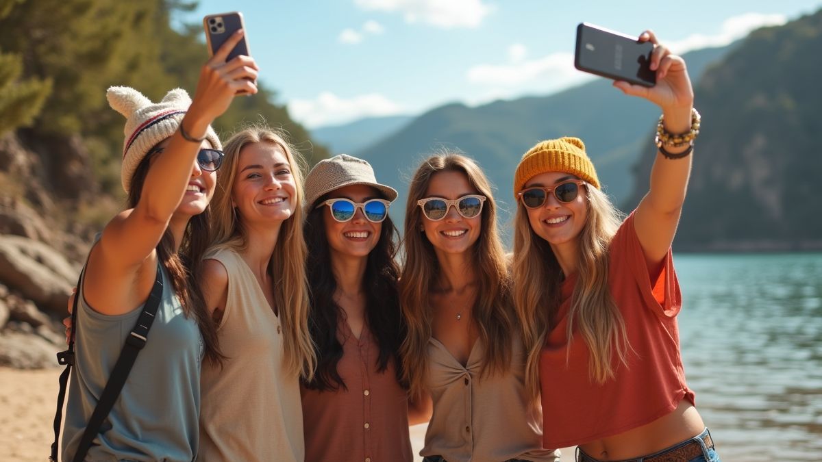 Een groep vrienden die thematische selfies neemt op een pittoreske locatie