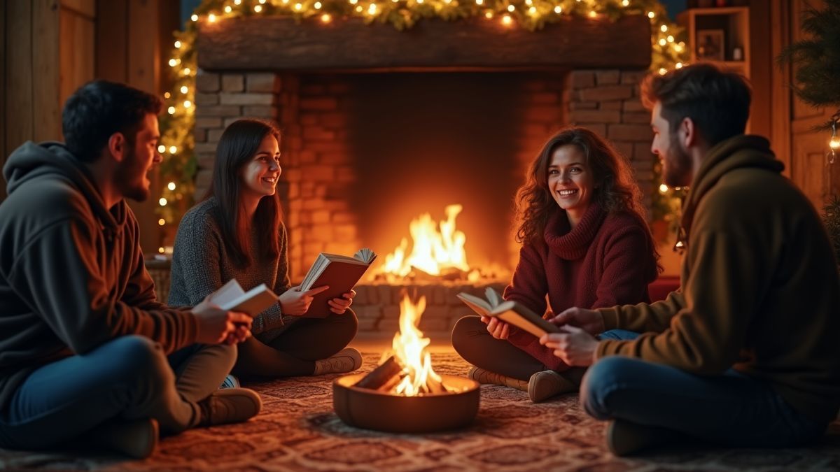 Een groep vrienden die verhalen deelt rond een gezellig vuur
