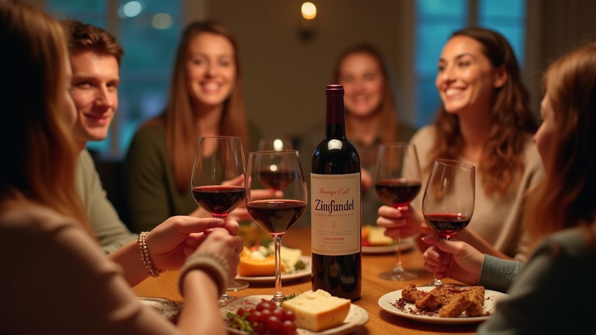 Een groep vrienden die Zinfandel wijn geniet tijdens een gezellige bijeenkomst met kaas en snacks.