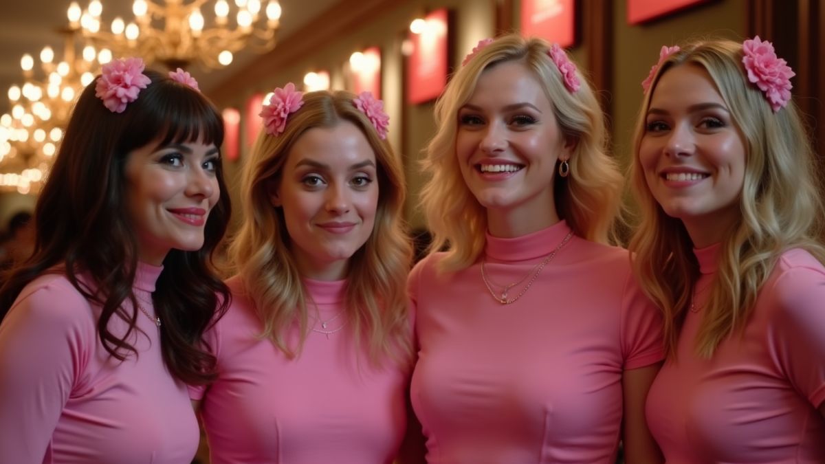 Een groep vrienden gekleed in roze voor een Mean Girls filmavond