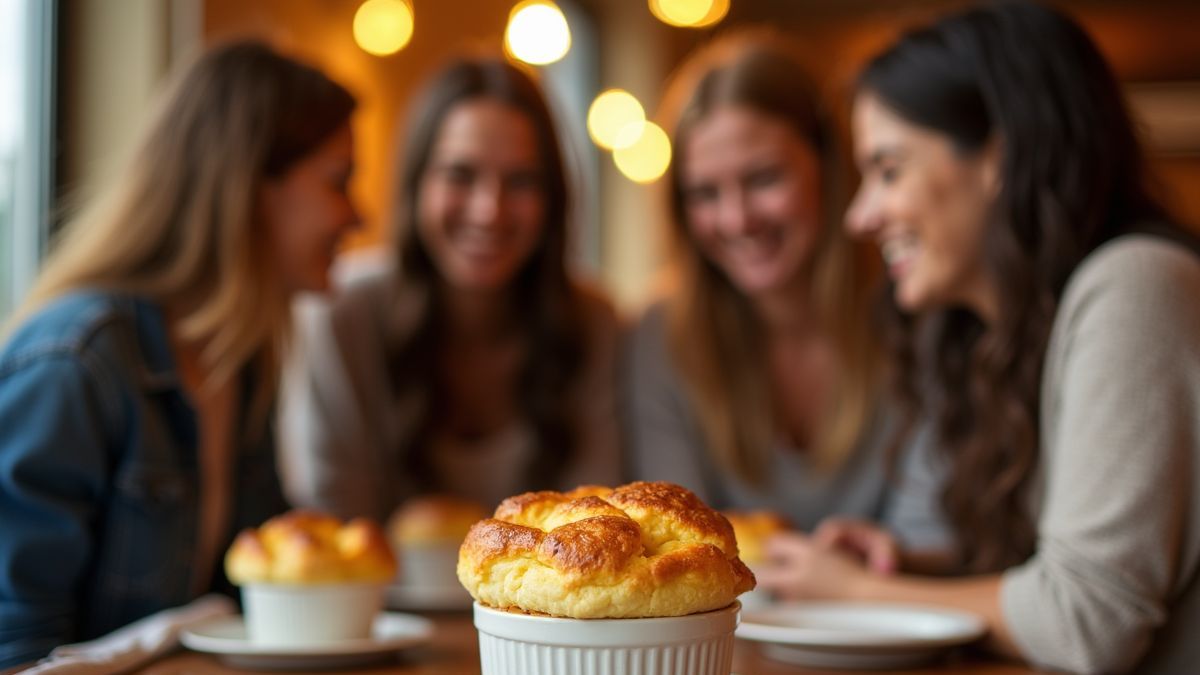 Een groep vrienden geniet samen van kaassoufflé