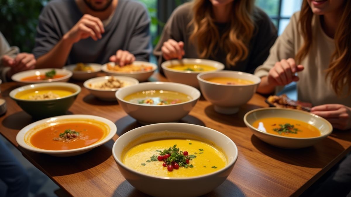 Een groep vrienden genieten van diverse soepen aan tafel.