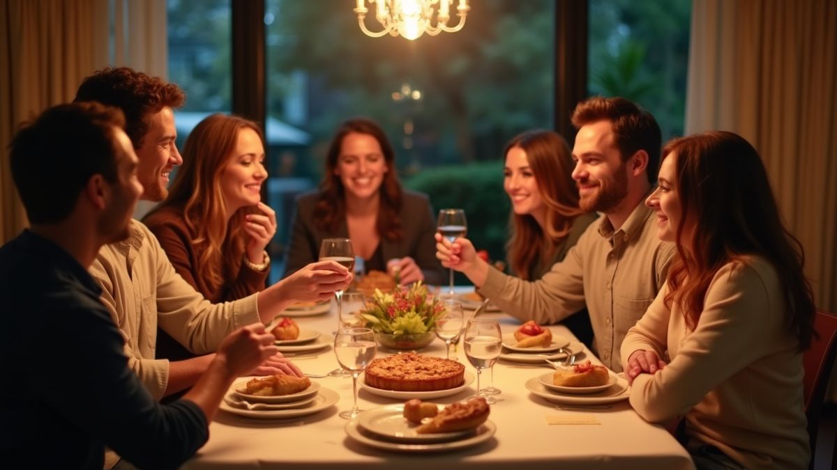 Een groep vrienden genietend van appeltaart aan een eettafel.