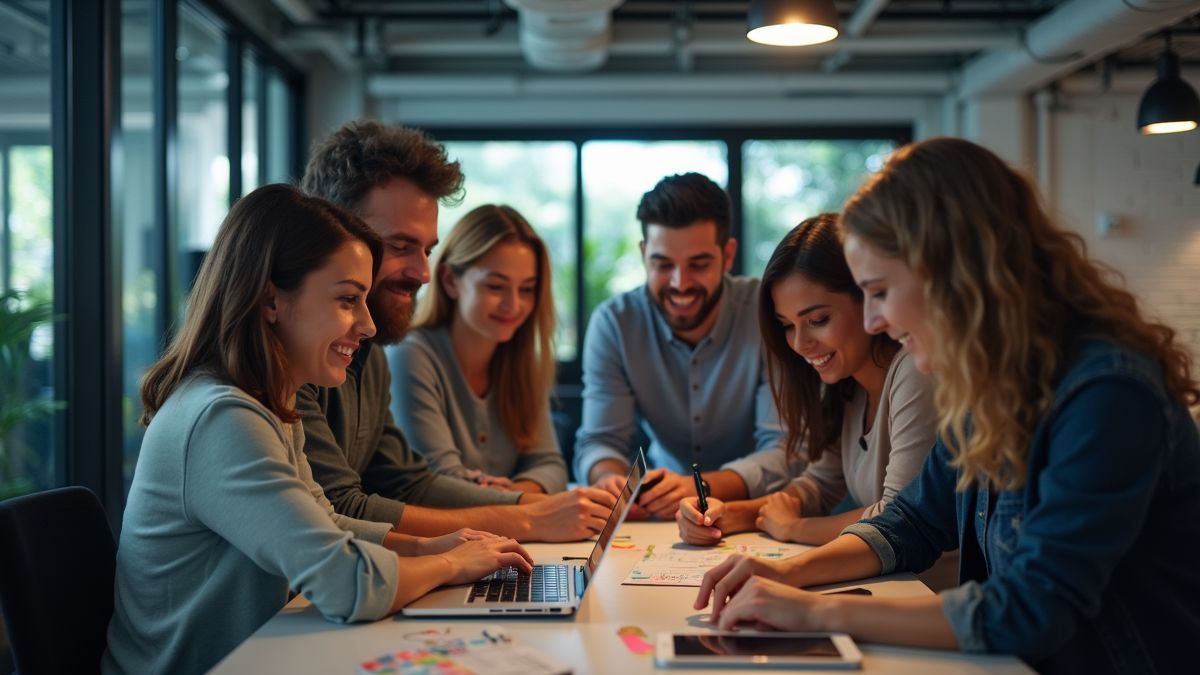 Een groep webdesigners die samenwerkt aan een project in een kantoor