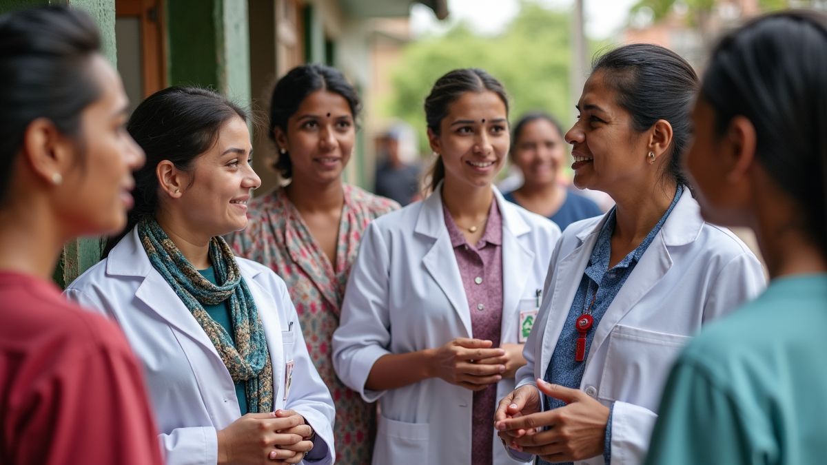 Een groep zorgverleners die met de gemeenschap praat over het voorkomen van longontsteking.