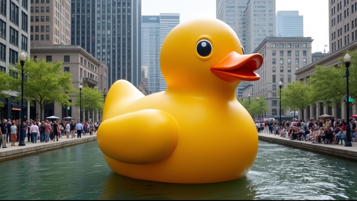 Een grote badeendsculptuur drijft in het water.