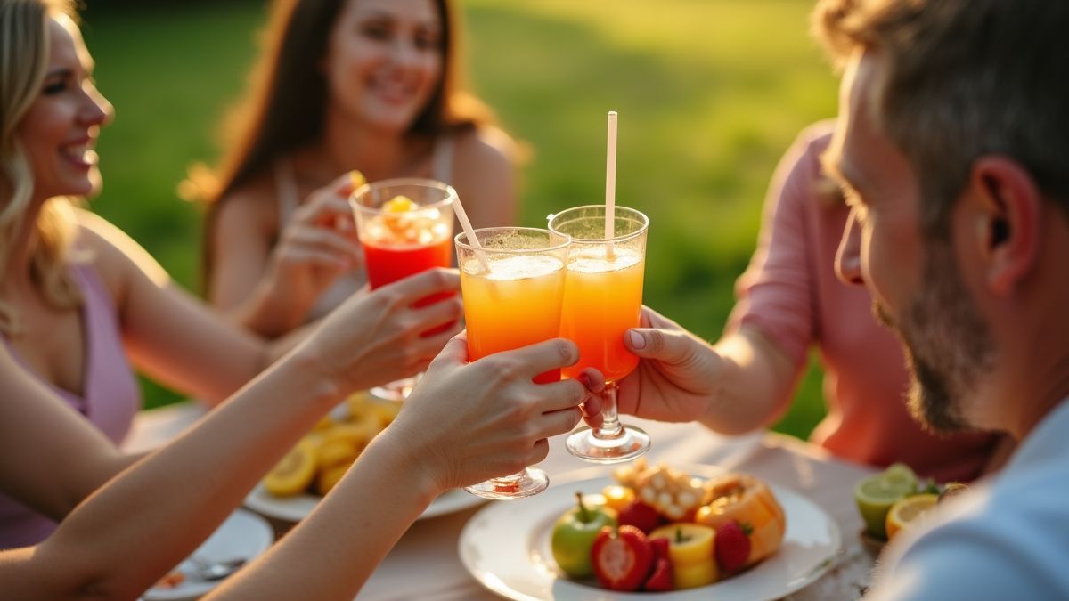 Een hartverwarmend tafereel van mensen die fruitcocktails delen op een picknick