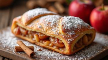 Een heerlijke appelstrudel met poedersuiker op een rustieke tafel