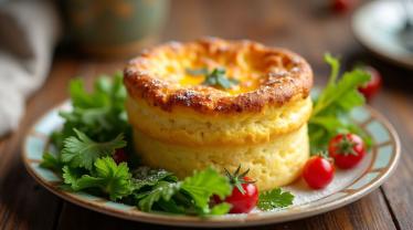 Een heerlijke kaassoufflé geserveerd met een frisse salade