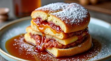 Een heerlijke Monte Cristo sandwich met siroop en poedersuiker.