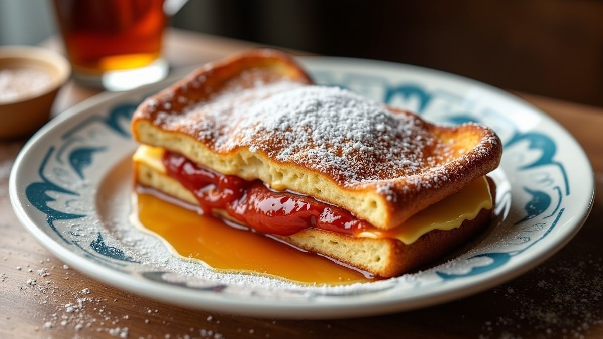 Een heerlijke Monte Cristo sandwich met siroop en poedersuiker.