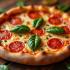 Een heerlijke pizza met Bitcoin munten eromheen.