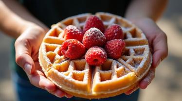Een heerlijke wafel met poedersuiker en aardbeien in iemands handen.