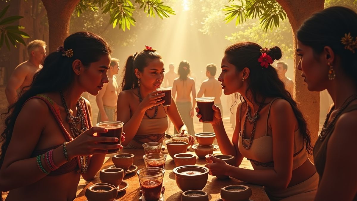 Een historisch tafereel van Meso-Amerikanen die chocolade drinken.