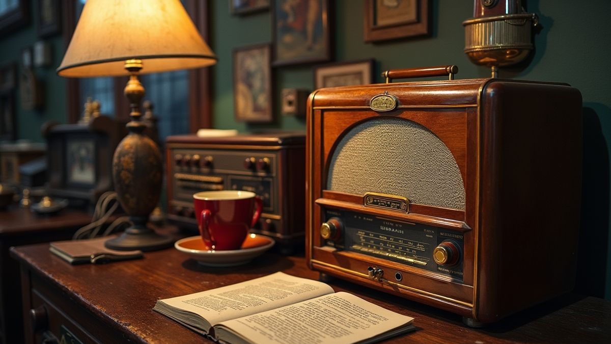 Een historische afbeelding van een oude radio-advertentie-uitzending