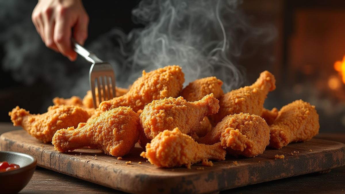 Een historische afbeelding van het koken van gefrituurde kip