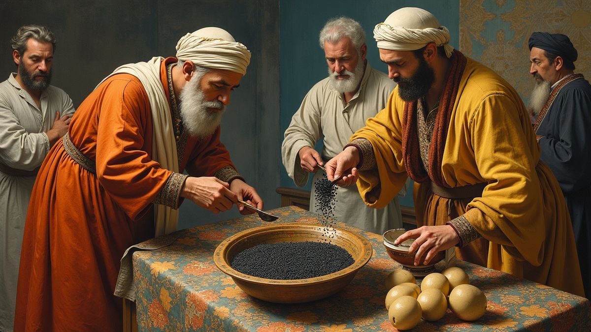 Een historische afbeelding van kaviaarproductie in oude tijden.